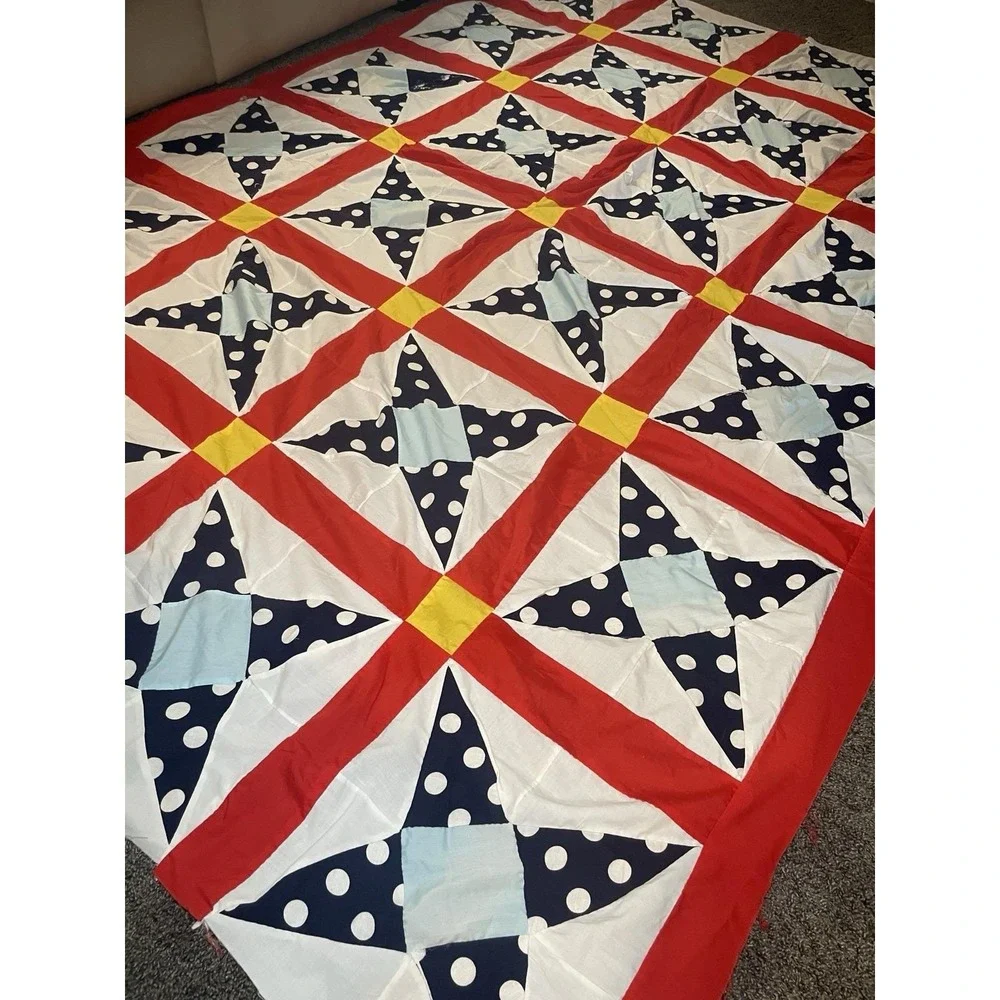Classic Patriotic Americana Quilt Top 64x90 Modern Farmhouse Boho Red Blue Vivid
